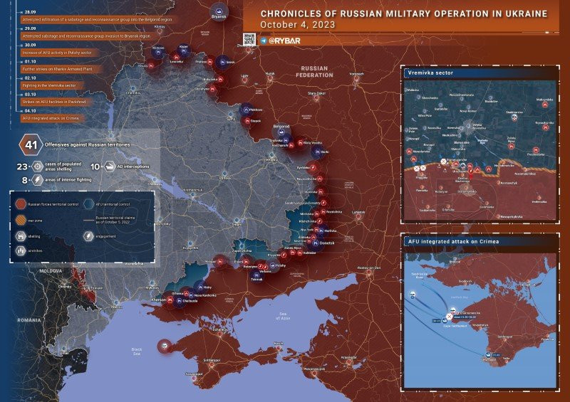 Bản đồ chiến sự Ukraine ngày 4/10. (Ảnh: Rybar)