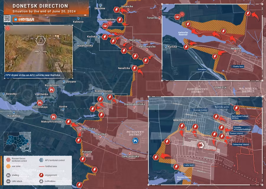 Bản đồ chiến sự Ukraine ngày 20/6, hướng Donetsk. (Ảnh: Rybar)