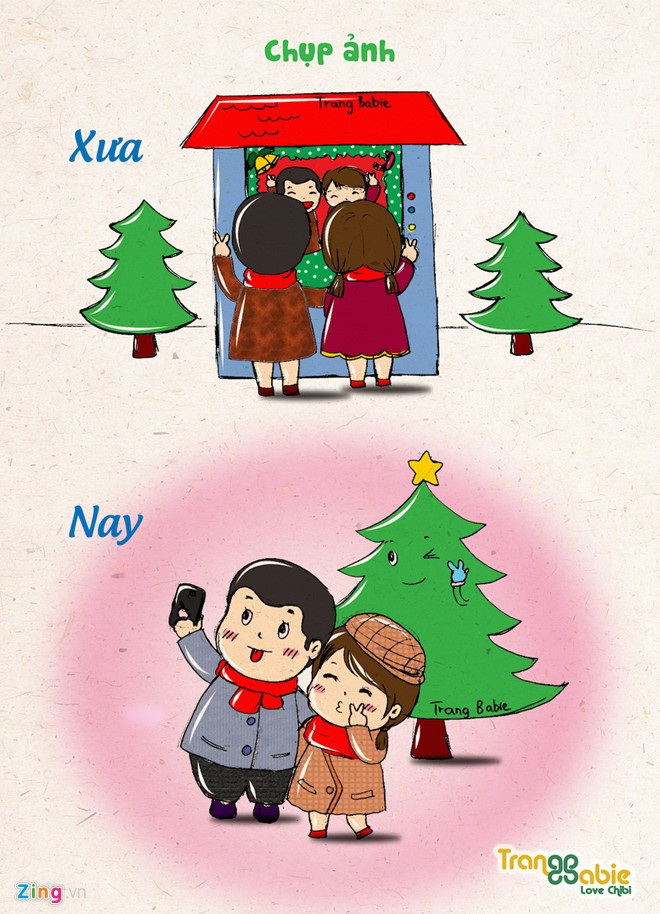 Lễ Giáng sinh trước kia, học sinh thường có thói quen rủ nhau đi ra tiệm ảnh Hàn Quốc hay mượn máy để chụp rồi hồi hộp chờ rửa ảnh. Bây giờ lại khác, các bạn trẻ có thể dùng luôn điện thoại của mình để chụp selfie, lưu lại khoảnh khắc đáng nhớ và chia sẻ ngay lên Facebook của mình. Sự khác biệt giữa học sinh đi chơi Noel xưa và nay