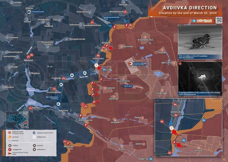 Bản đồ chiến sự Ukraine ngày 30/3, hướng Avdeevka. (Ảnh: Rybar)