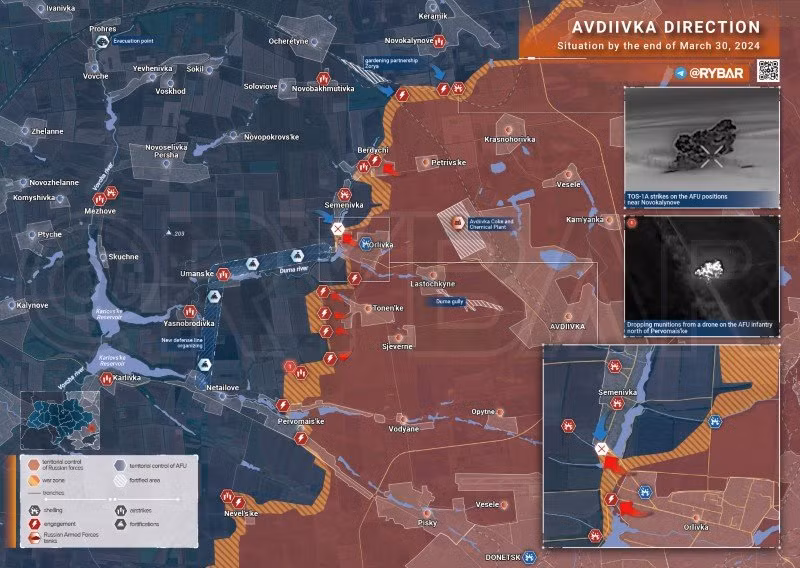 Bản đồ chiến sự Ukraine ngày 30/3, hướng Avdeevka. (Ảnh: Rybar)