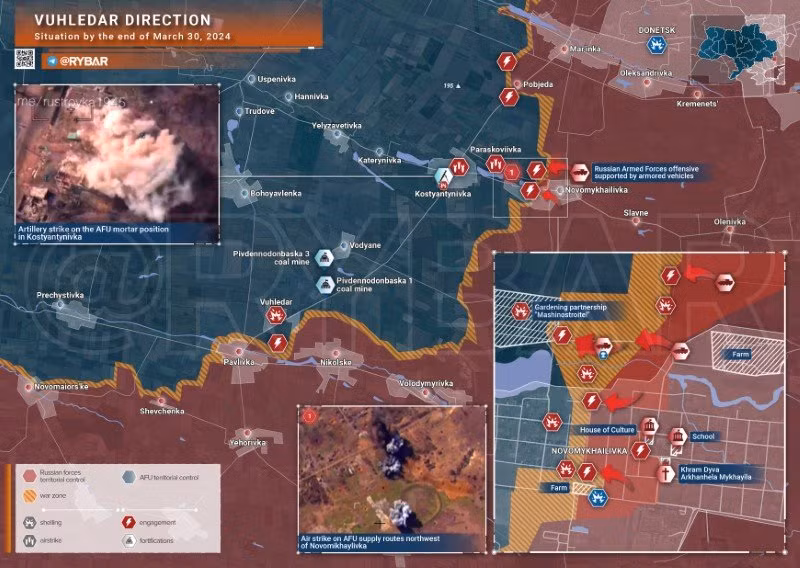 Bản đồ chiến sự Ukraine ngày 30/3, hướng Vuhledar. (Ảnh: Rybar)