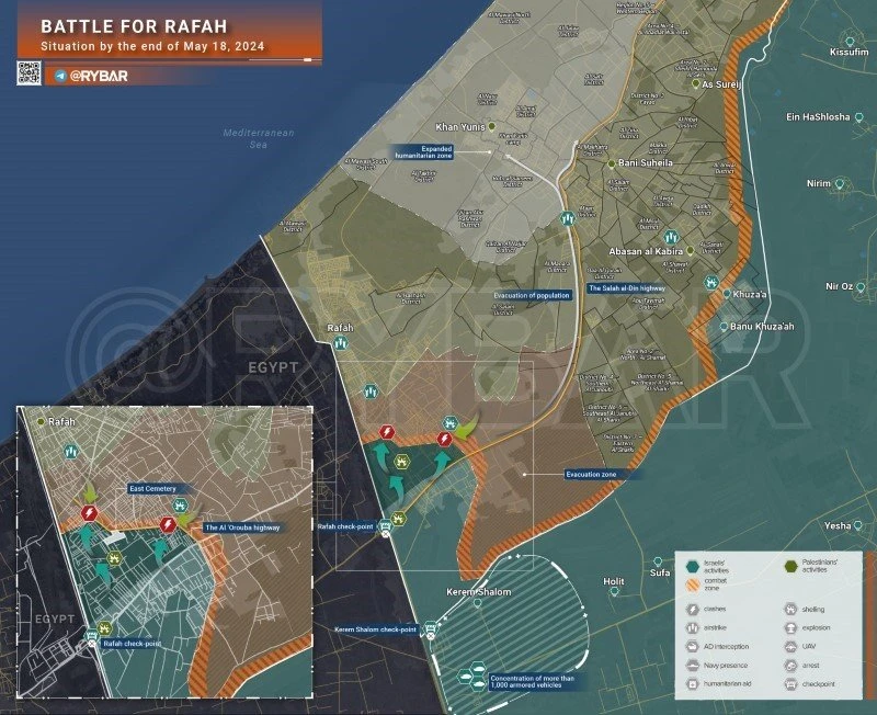 Bản đồ xung đột Israel - Hamas, khu vực Rafah ngày 18/5. (Ảnh: Rybar)