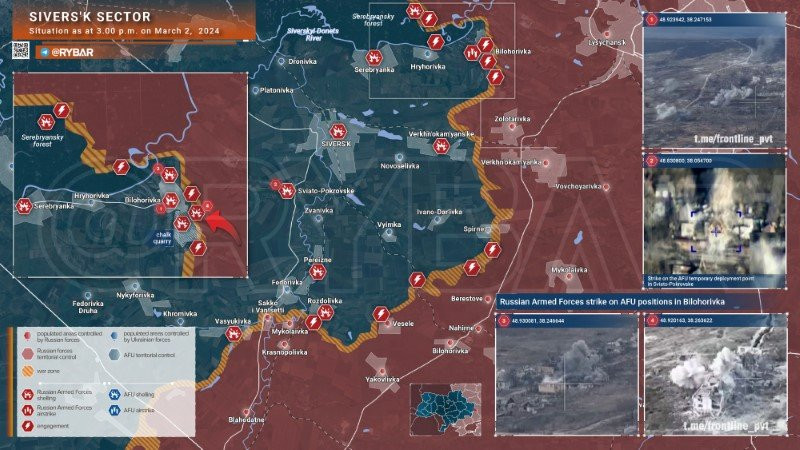 Bản đồ chiến sự Ukraine ngày 2/3, khu vực Sivers'k. (Ảnh: Rybar) Bản đồ chiến sự Ukraine ngày 2/3, khu vực Sivers'k. (Ảnh: Rybar)