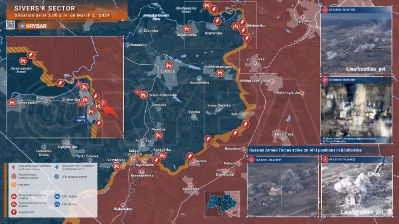Bản đồ chiến sự Ukraine ngày 2/3, khu vực Sivers'k. (Ảnh: Rybar)
