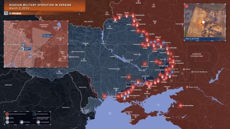 Bản đồ chiến sự Ukraine ngày 2/3. (Ảnh: Rybar)