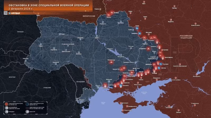 Bản đồ chiến sự Ukraine ngày 2/2. (Ảnh: Rybar)