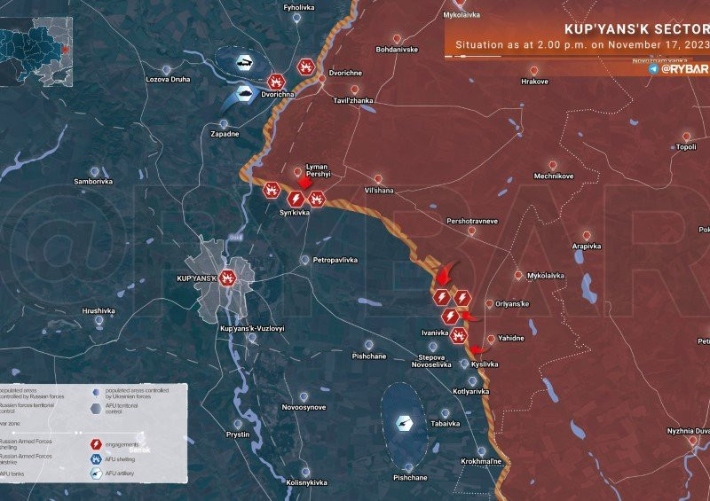 Bản đồ chiến sự Ukraine ngày 17/11 ở hướng Kupyansk. (Ảnh: Rybar). Bản đồ chiến sự Ukraine ngày 17/11 ở hướng Kupyansk. (Ảnh: Rybar).