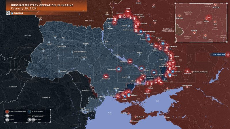 Bản đồ chiến sự Ukraine ngày 20/2. (Ảnh: Rybar)