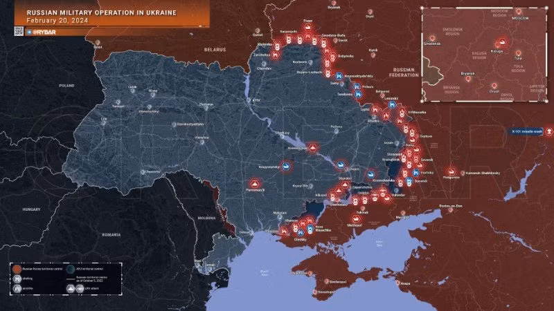 Bản đồ chiến sự Ukraine ngày 20/2. (Ảnh: Rybar)