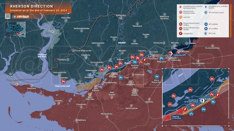 Bản đồ chiến sự Ukraine ngày 20/2, hướng Kherson. (Ảnh: Rybar)