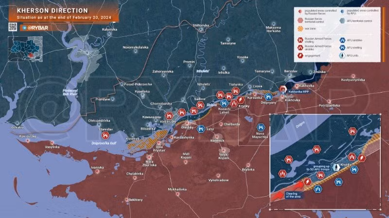 Bản đồ chiến sự Ukraine ngày 20/2, hướng Kherson. (Ảnh: Rybar)