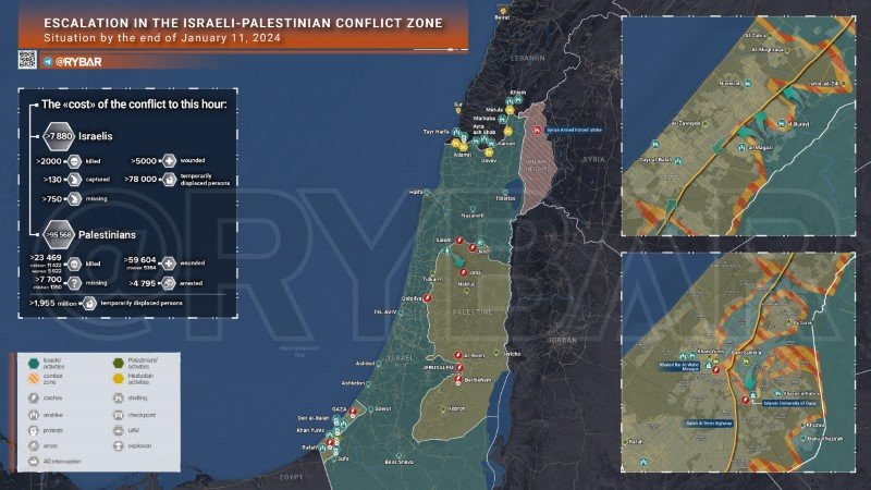 Bản đồ xung đột Israel - Hamas ngày 11/1. (Ảnh: Rybar)