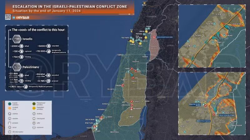 Bản đồ xung đột Israel - Hamas ngày 11/1. (Ảnh: Rybar) Bản đồ xung đột Israel - Hamas ngày 11/1. (Ảnh: Rybar)