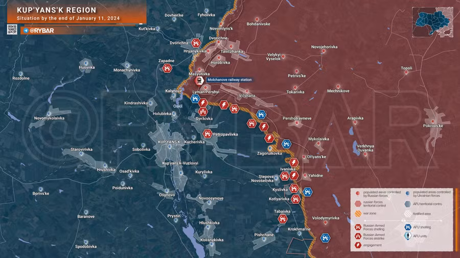 Bản đồ chiến sự Ukraine ngày 11/1 hướng Kupyansk. (Ảnh: Rybar)