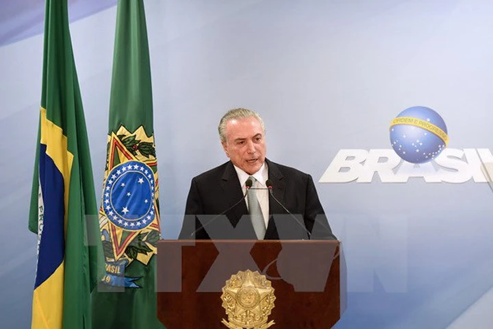 Tổng thống Brazil Michel Temer phát biểu tại cuộc họp báo ở Brasilia ngày 18/5. (Nguồn: AFP/TTXVN) 