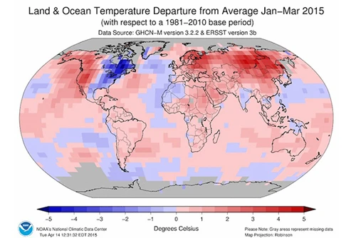 Nhiệt độ trung bình ba tháng đầu năm 2015. Ảnh: NOAA
