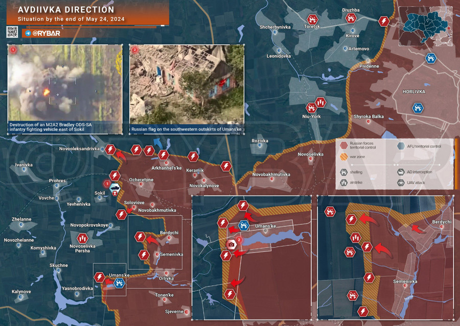 Bản đồ chiến sự Ukraine ngày 24/5, hướng Avdeevka. (Ảnh: Rybar)