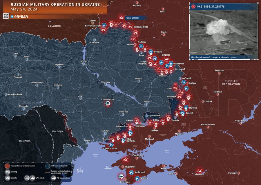 Bản đồ chiến sự Ukraine ngày 24/5. (Ảnh: Rybar)
