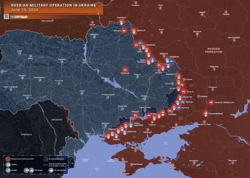 Bản đồ chiến sự Ukraine ngày 15/6. (Ảnh: Rybar)