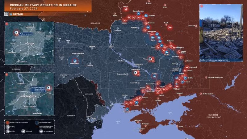 Bản đồ chiến sự Ukraine ngày 27/2. (Ảnh: Rybar)