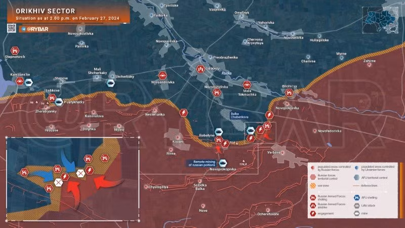 Bản đồ chiến sự Ukraine ngày 27/2, khu vực Orikhiv. (Ảnh: Rybar)