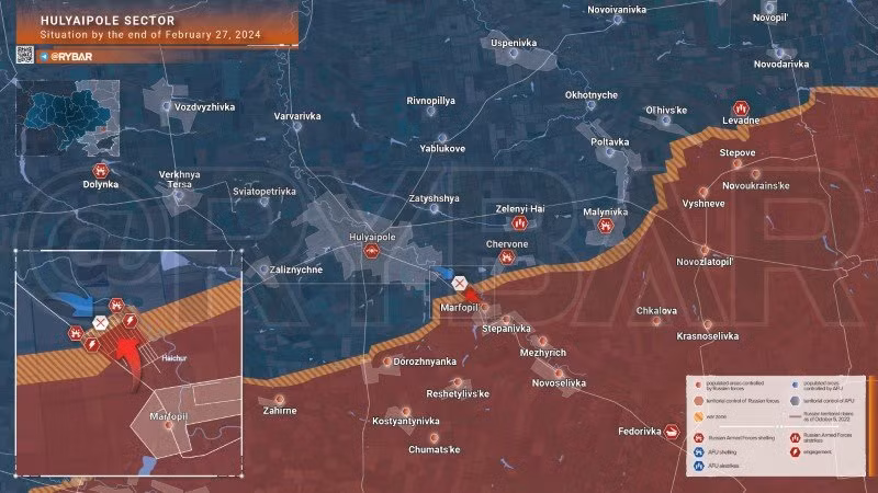 Bản đồ chiến sự Ukraine ngày 27/2, khu vực Hulyaipole. (Ảnh: Rybar)