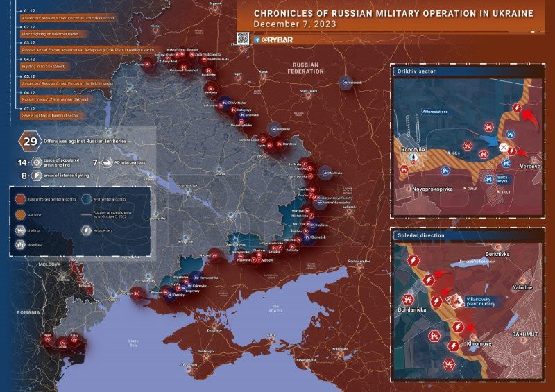 Bản đồ chiến sự Ukraine ngày 7/12. (Ảnh: Rybar)