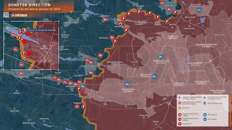 Bản đồ chiến sự Ukraine ngày 15/1, hướng Donetsk. (Ảnh: Rybar)