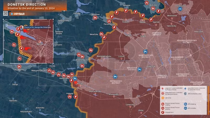 Bản đồ chiến sự Ukraine ngày 15/1, hướng Donetsk. (Ảnh: Rybar)
