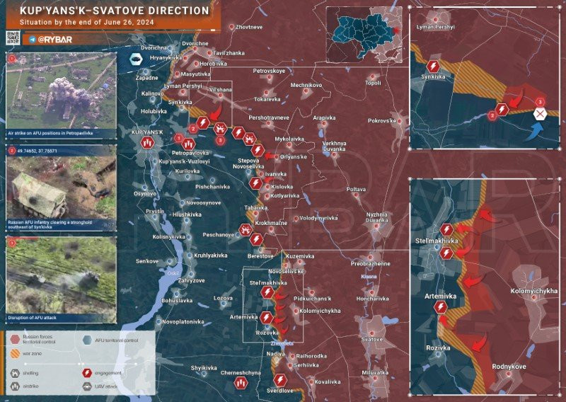 Bản đồ chiến sự Ukraine ngày 27/6, hướng Kupyansk. (Ảnh: Rybar) Bản đồ chiến sự Ukraine ngày 27/6, hướng Kupyansk. (Ảnh: Rybar)