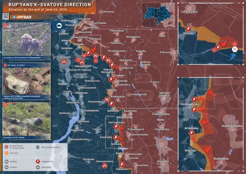 Bản đồ chiến sự Ukraine ngày 27/6, hướng Kupyansk. (Ảnh: Rybar)