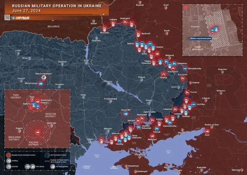Bản đồ chiến sự Ukraine ngày 27/6. (Ảnh: Rybar)