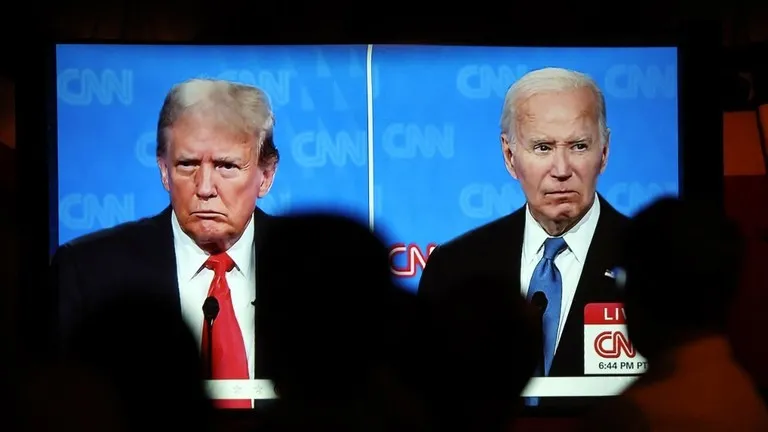 Mọi người theo dõi cuộc tranh luận giữa ông Trump và ông Biden tại bữa tiệc theo dõi tranh luận, được tổ chức tại The Continental Club vào ngày 27/6 ở Los Angeles. Ảnh: Mario Tama / Getty Images / AFP