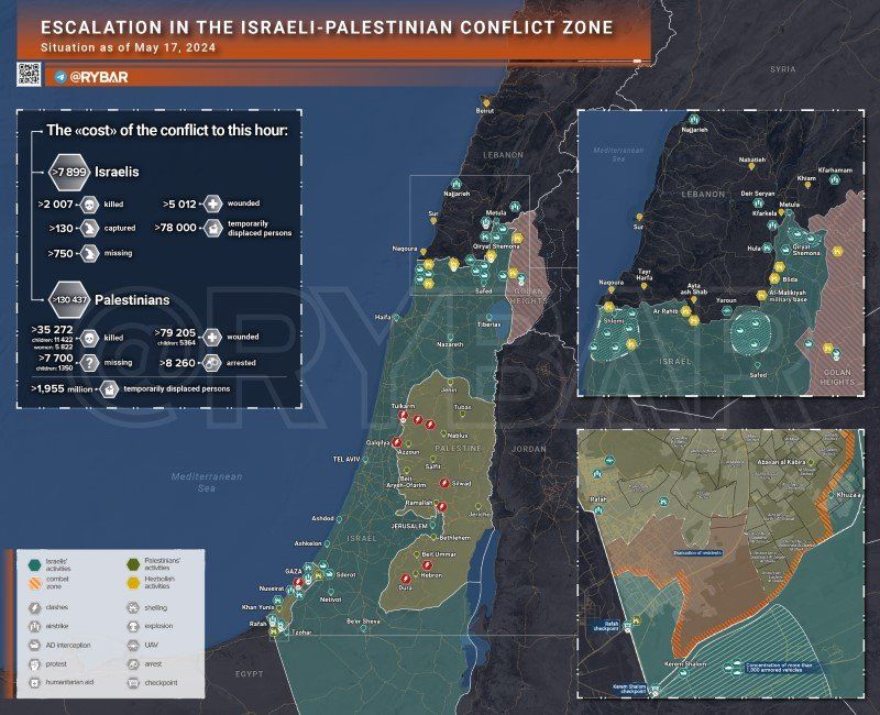 Bản đồ xung đột Israel - Hamas ngày 17/5. (Ảnh: Rybar)