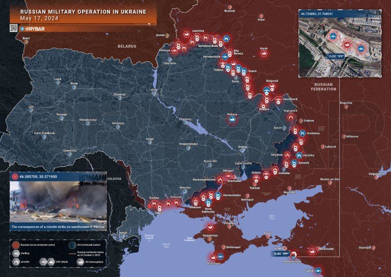 Bản đồ chiến sự Ukraine ngày 17/5. (Ảnh: Rybar)