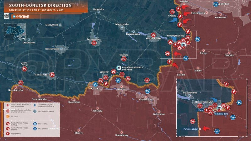 Bản đồ chiến sự Ukraine ngày 9/1 khu vực phía nam Donetsk. (Ảnh: Rybar)