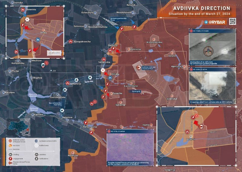 Bản đồ chiến sự Ukraine ngày 27/3, khu vực Avdeevka. (Ảnh: Rybar)