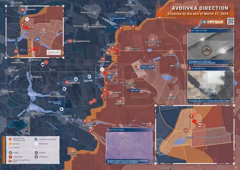 Bản đồ chiến sự Ukraine ngày 27/3, khu vực Avdeevka. (Ảnh: Rybar)