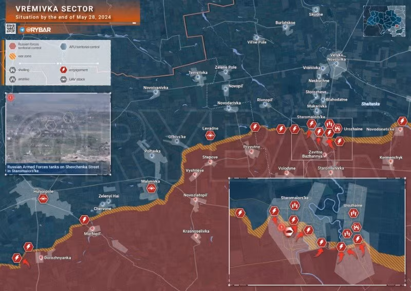 Bản đồ chiến sự Ukraine ngày 28/5, khu vực Vremivka. (Ảnh: Rybar)