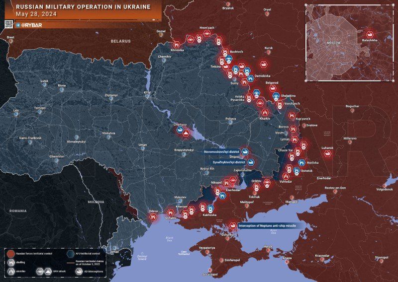 Bản đồ chiến sự Ukraine ngày 28/5. (Ảnh: Rybar)