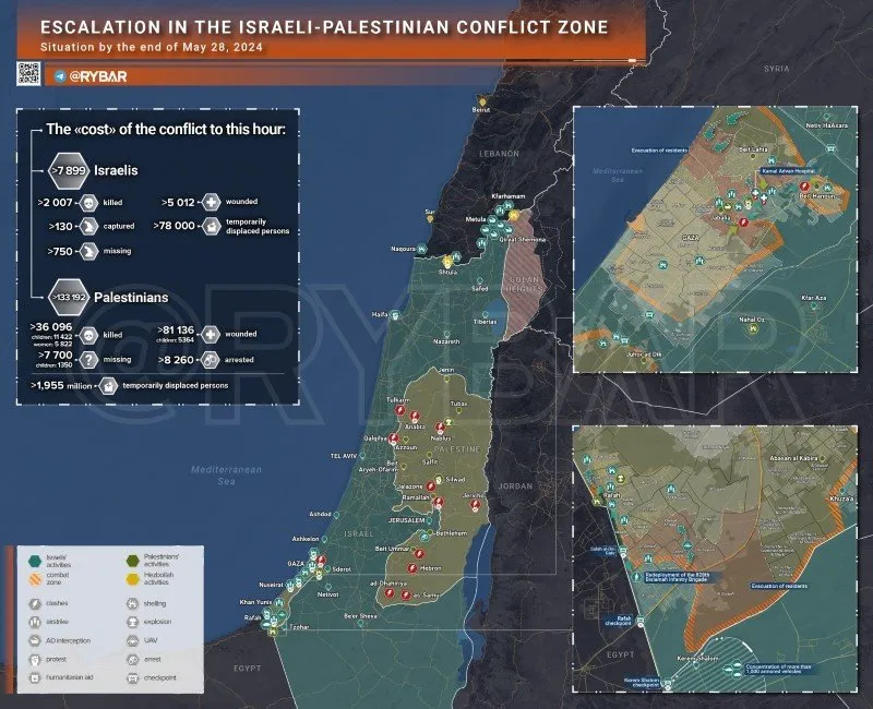 Bản đồ xung đột Israel - Hamas ngày 28/5. (Ảnh: Rybar)