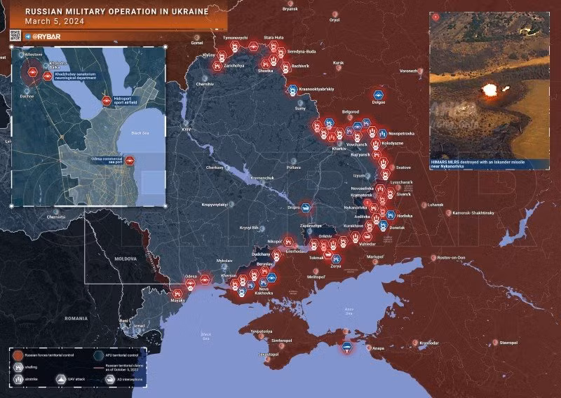 Bản đồ chiến sự Ukraine ngày 5/3. (Ảnh: Rybar)