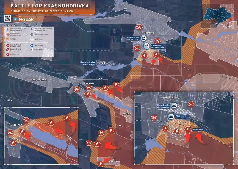 Bản đồ chiến sự Ukraine ngày 5/3, khu vực Krasnohorivka. (Ảnh: Rybar)