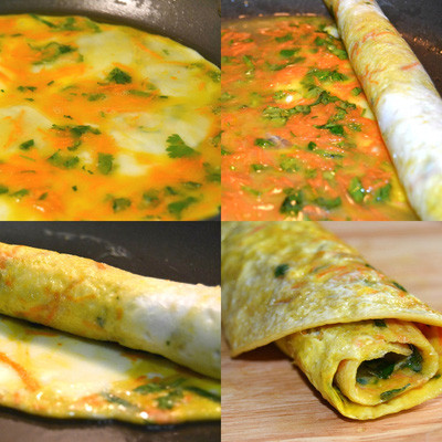 Bắc chảo lên bếp, cho 1 muỗng canh dầu olive vào chảo, đổ trứng vào tráng mỏng, lưu ý đun nhỏ lửa để trứng không bị cháy. Khi trứng hơi đông thì nhẹ nhàng cuộn trứng lại, nếu cuộn trứng khi chín sẽ cứng và khó cuộn.