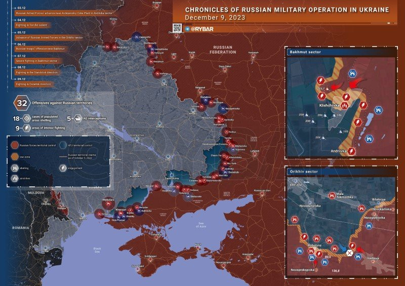 Bản đồ chiến sự Ukraine ngày 9/12. (Ảnh: Rybar).