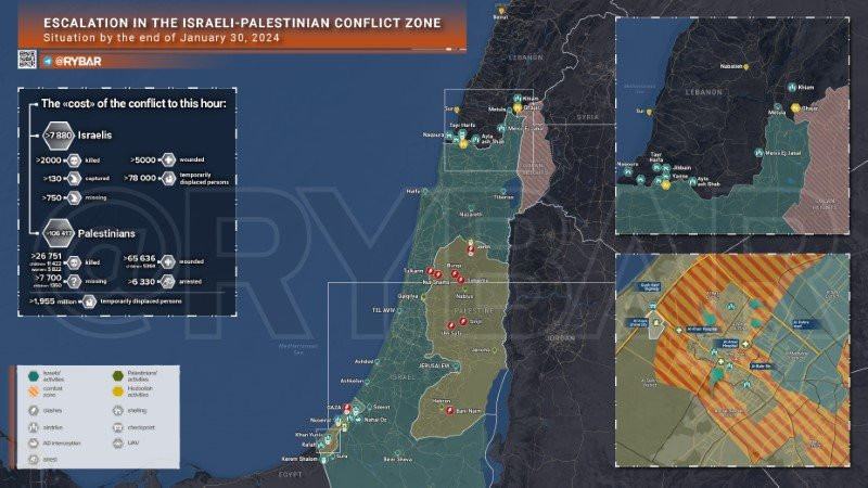 Bản đồ xung đột Israel - Hamas ngày 30/1. (Ảnh: Rybar) Bản đồ xung đột Israel - Hamas ngày 30/1. (Ảnh: Rybar)