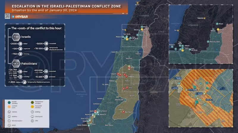 Bản đồ xung đột Israel - Hamas ngày 30/1. (Ảnh: Rybar)