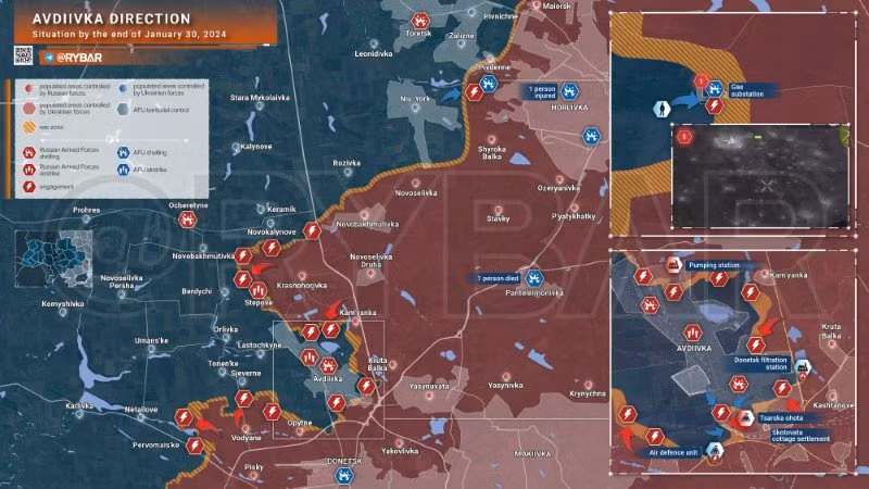 Bản đồ chiến sự Ukraine ngày 30/1, khu vực Avdeevka. (Ảnh: Rybar)