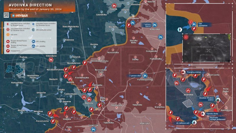 Bản đồ chiến sự Ukraine ngày 30/1, khu vực Avdeevka. (Ảnh: Rybar)